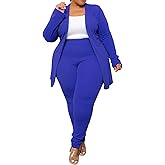 IyMoo Women's Plus Size Two Piece Open Front Long Sleeve Blazer and Elastic Waist Solid Pant Set Suit