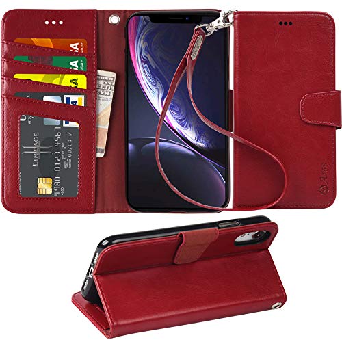 Arae Wallet Case for iPhone xr 2018 PU Leather flip case Cover [Stand Feature] with Wrist Strap and [4-Slots] ID&Credit Cards Pocket for iPhone Xr 6.1 inch (Wine red) (Best Type Of Phone Case)