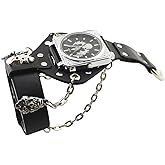 Vigorbee Fashion Hip-Hop Punk Skull Watch for Men Women Black Wide Leather Cuff Band Watch Cool Style Wrist Watches,Chains Locomotive Glove