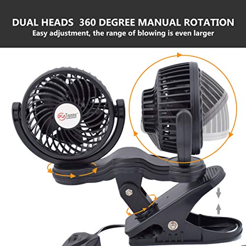 TN TONNY Dual Head Clip Fan, 4 Inches Electric Car Clip Fans 360° Rotatable,12V Cooling Air Fan with Stepless Speed Regulation for Vehicle or Home