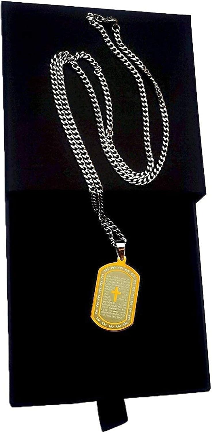 Bible Prayer Dog Tag, gift For Men Boys, 316l Stainless Steel Cross Lord’s Prayer Pendant With Chain, Catholic Jewelry Inspirational Necklace, Religious Bible Scripture Dog Tag | 