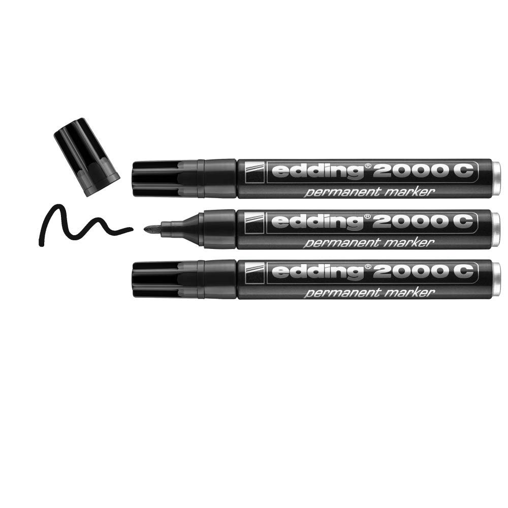 edding 2000 C permanent marker - black - pack of 3 - round nib 1.5-3 mm - quick-drying permanent markers - waterproof, smudge-proof - for cardboard, plastic, wood, metal, fabric - marker pen
