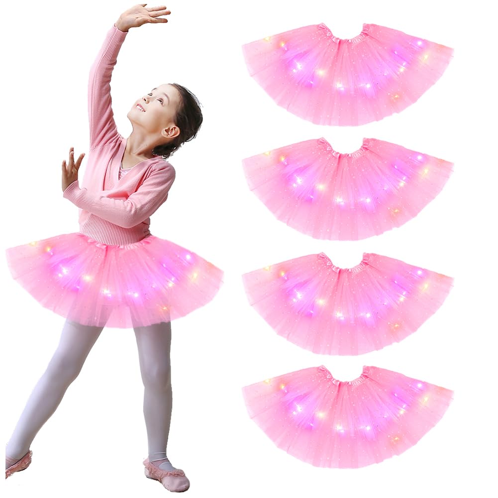 Photo 1 of 4 Pcs Pink Girls Light up Tutu Skirt Light Up Dancing Skirt Tulle Ballet Dress Up,3 Layered Sparkly Party Tutu Costume for 2-8 Year