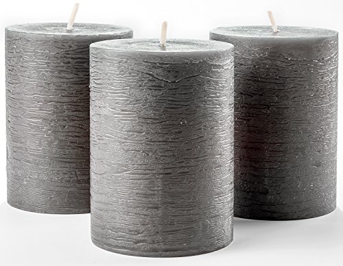 Set of 3 Charcoal Pillar Candles Dark Grey 3" x 4" Gray Rustic Unscented Dripless for Weddings Decoration Church Restaurant Spa Florist