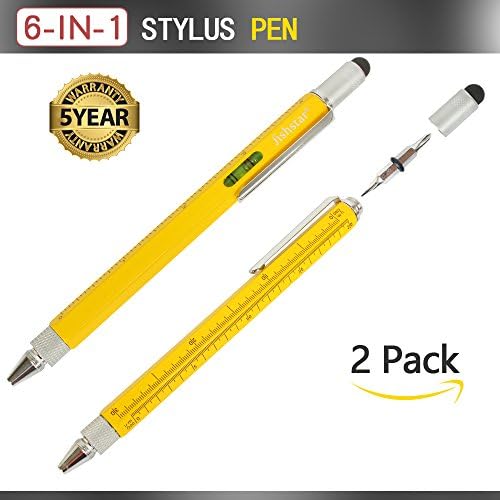6 in 1 Tech Tool Pen, Fashion and Convenience Multi-function Pen with Ruler Stylus Level-gauge Ballpoint-Pen and 2 Kinds of Screw-Driver (Yellow X 2)