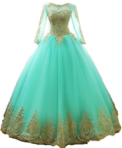 BessDress Long Sleeves Evening Dresses Gold Lace Applique Homecoming Dresses BD084