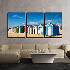 3 Piece Canvas Wall Art - Row of Beach Huts on The Sand at Southwold - Modern Home Art Stretched and Framed Ready to Hang - 16"x24"x3 Panels