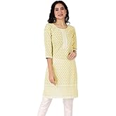 ladyline 100% Cotton Chikankari Embroidered Tunic Kurti Top Lucknowi Round Neck 3/4 Sleeves Kurta
