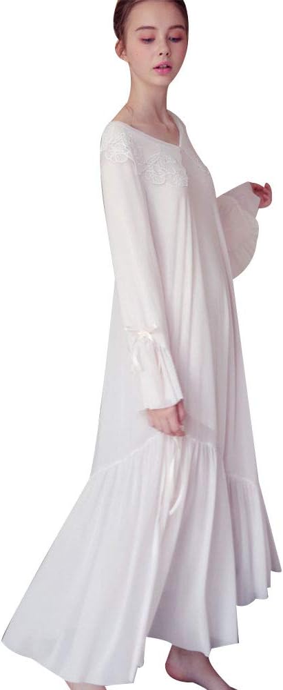 Women's Long Sleeve Vintage Sleep Dress Victorian V Neck Sheer Lace Nightgown