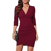 IHOT Women's 2026 Sexy V Neck 3/4 Sleeve Faux Wrap Ruched Sheath Bodycon Casual Party Cocktail Work Dress