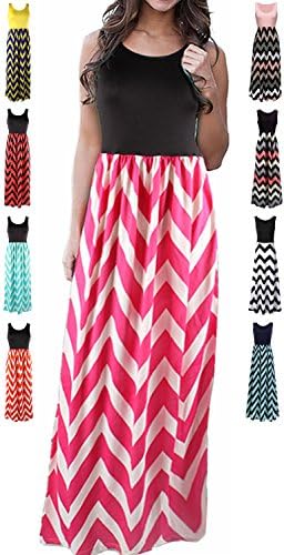HanDanGe Women's Summer Chevron Striped Print Dress Tank Long Maxi Dresses For Women Rose-L