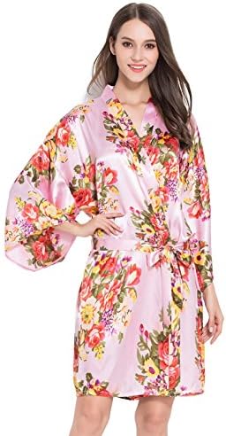 Embroidered Floral Satin Robe,Bridesmaid On Back, One Size Fits 0-14 (Pink Bridesmaid)