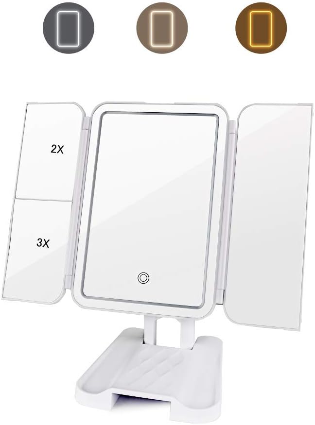 homeasy Makeup Mirror with Lights, Vanity Mirror 68 LED 2X/3X Magnification Tri-fold Cosmetic Mirror Bathroom Table Mirror Touch Dimmer Switch 270°Rotation White