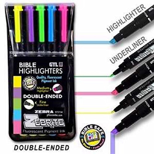 Bible Highlighter Set of 5 Fluorescent Double Ended Markers Fine/Medium by Zebra Zebrite
