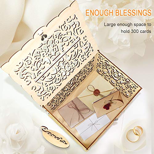 Wedding Card Box, Angela&Alex Wooden Gift Card Holder DIY Hollow Wedding Money Boxes with Lock and Card Sign Cards Hold up 300 Cards for Wedding Reception Anniversary Baby Shower Birthday Party Decora