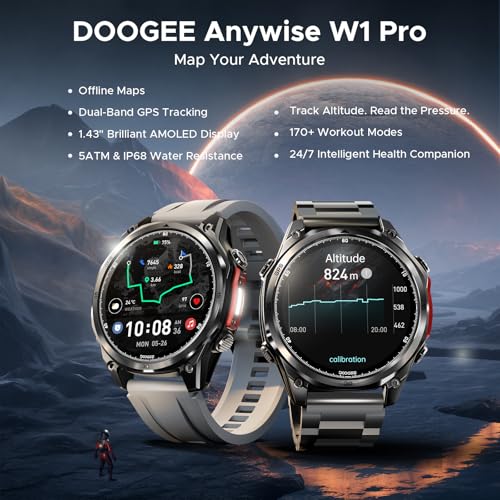Anywise W1 Pro Smart Watch Women Man,Dual Frequency GPS With Offline Maps Smartwatch For Android and iOS,5ATM Waterproof 1.43'' AMOLED,170+ Sports Modes/12 Days Battery/3 Strap