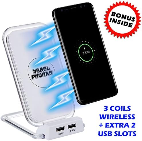 Wireless Charging QI Phone Stand for iPhone 8 / 8 Plus, iPhone X, Samsung Galaxy S8, Note 8 PLUS EXTRA TWO USB Slots to SuperCharge ALL Your Other Devices Together PLUS BONUS Two USB Chargers! (White)