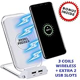 Wireless Charging QI Phone Stand for iPhone 8 / 8 Plus, iPhone X, Samsung Galaxy S8, Note 8 PLUS EXTRA TWO USB Slots to SuperCharge ALL Your Other Devices Together PLUS BONUS Two USB Chargers! (White)