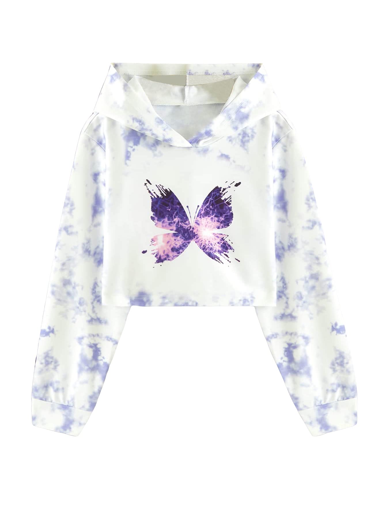 Photo 1 of OYOANGLE Girl's Tie Dye Butterfly Print Long Sleeve Crop Hoodie Pullover Sweatshirts Tops White 9Y