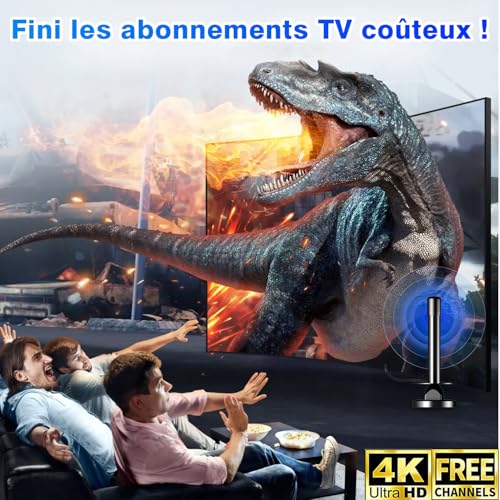 Antenne TV Intérieure TNT HD Amplificateur Signal Gain Élevé VHF/UHF Base Magnétique Réception 360° Compatible DVB-T2 Smart TV 4K Full HD 1080P Câble Coaxial 5m Anti-Interférences 4G/5G