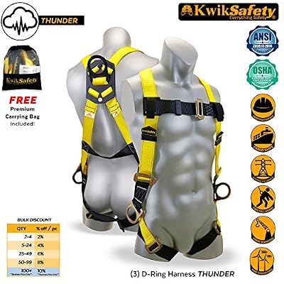 KwikSafety OSHA ANSI Fall Protection Full Body Safety Harness | Personal Protective Equipment with Dorsal Ring and Side D-Rings | Universal Construction Industrial Roofing Tool