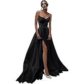 Memphty Strapless Satin Prom Dresses with Slit Long A Line Formal Evening Party Gowns with Pockets