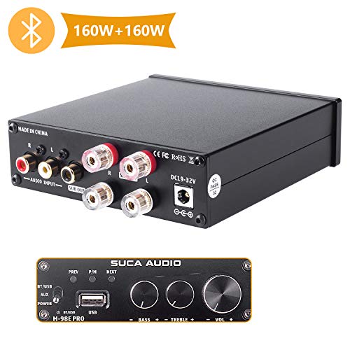 TDA7498E 2 Channel Stereo Audio Amplifier Receiver, Ansten 2.0CH Bluetooth 5.0 Mini Hi-Fi Class D Integrated Amp for Home Desktop Speakers 160W x 2 with Bass Treble and USB Port