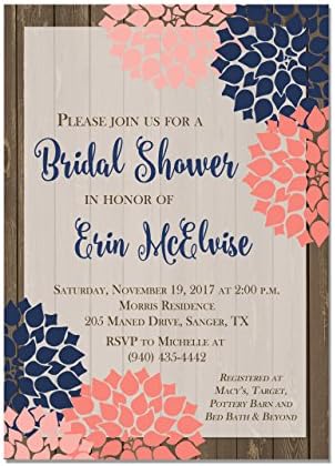 Coral and Navy Rustic Blooms Bridal Shower Invitations, Set of 10 Invitations with white envelopes