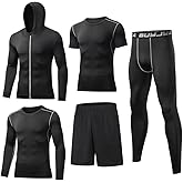 BUYJYA 5Pcs Men's Compression Pants Shirt Top Long Sleeve Jacket Athletic Sets Gym Clothing Mens Workout