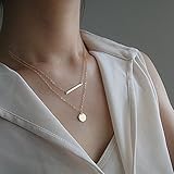 JY Jewelry Gold Tone simple Double Layer Bar Sequin pendant Short Necklace