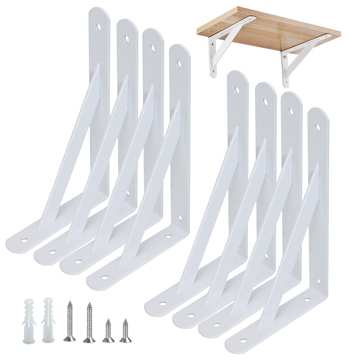 Shelf Brackets Heavy Duty Triangle Shelving Brackets Right Angle Wall Mounted Shelf Supporters Easy to Install Wall Bracket for Shelf，Accessories Included, 6 inches 8 Pack (White)