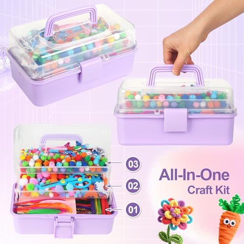 JIYANA Kit Manualidades Niños 3300+PCS, Portátil Kit Caja Manualidades, Set DIY Completo con Limpiapipas, Cuentas, Pompones y Ojos Móviles, Ideal para Niños y Niñas de 4-12 Años(Mmorado)
