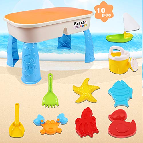 COOLOOK Beach Sand 'n Toys Set with Activity Table with Storage Compartment and Lid 10 Pieces