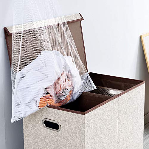 Double Laundry Hamper with Removable Liners and Lid, Collapsible Clothes Basket with