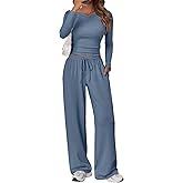 Trendy Queen Women's 2 Piece Matching Lounge Set Long Sleeve Side Ruching Top Wide Leg Drawstring Pants Set with Pockets