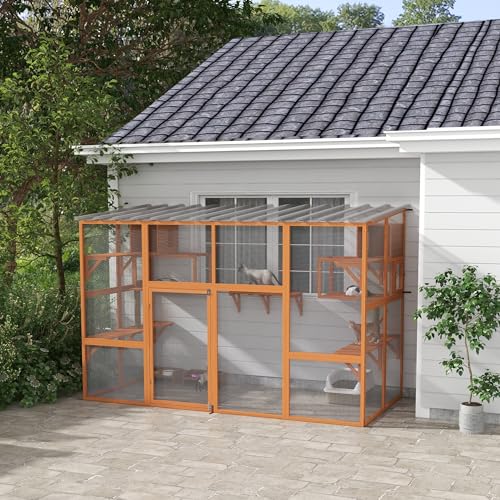 PawHut Catio Outdoor Cat Enclosure, 118" L Large Wooden Outdoor Cat House w/ 2 Condos, 7 Platforms, 2 Scratching Posts, Waterproof Roof, Walk-in Kitty Cage for 1–5 Kittens, Orange