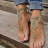 ROOMZOOM 1 Pair Ornate Barefoot Sandals Beach Wedding Bridal Knit Anklet Foot Chain Khaki