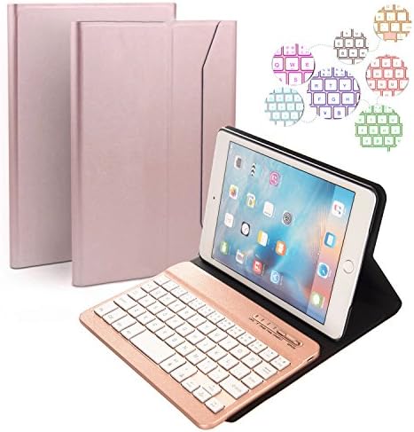 iPad Mini 1,2,3 Keyboard Case,Genjia Stylish Leather Cover Auto Sleep/Wake &amp; Ultra-Slim Lightweight ABS Detachable Bluetooth Wireless Keyboard with 7 Colors Backlit for Apple iPad Mini 1,2,3-Rose Gold