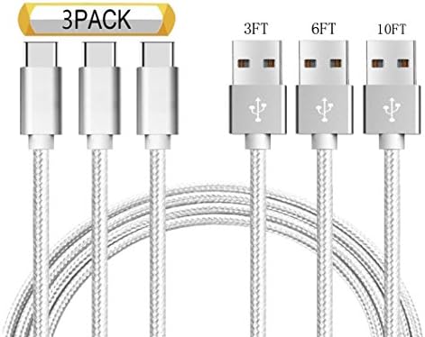 USB Type C Cable,Grandwa USB C Cable 3Pack (1x3ft,1x6ft,1x10ft) Nylon Braided USB C to USB A Charger Cord (USB 2.0) for Samsung Note 8,Galaxy S8,Apple Silver