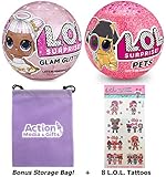 LOL Surprise Dolls Gift Bundle Includes (1) Limited Edition Glitter Glam + (1) Eye Spy Series 4 Pets + 8 L.O.L Tattoos + Bonus Action Media Storage Bag!
