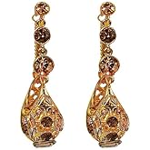 DIAMANTIO 18K Gold Plated Vintage Drop Earrings for Women – Elegant Teardrop Cubic Zirconia Crystal Dangle Earrings with Brown Rhinestones – Statement Jewelry for Party, Wedding & Evening Wear