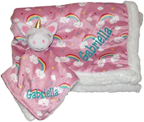 Plush Custom Embroidery Name Baby Blanket (30 x 40 inch) With Lovey Blanket - Excellent Gift Idea (Custom Embroidery Pink Unicorn)
