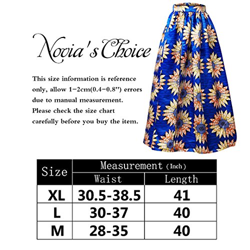 Novia's Choice Women African Floral Print Pleated High Waist Maxi Skirt Casual A Line Skirt(Blue Flower) - Thumbnail 2