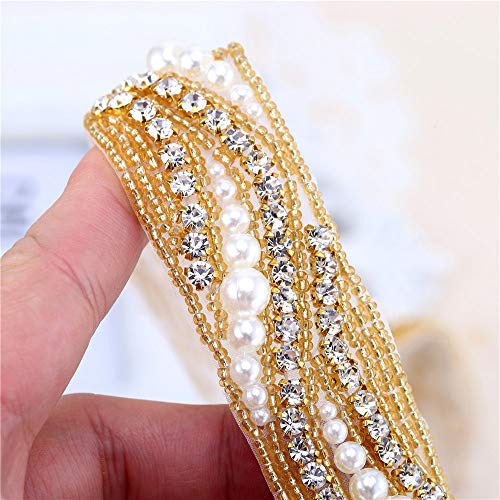 Gold Beaded Bridal Rhinestone Applique Trim 1 Yard with Crystal Pearl for Wedding Dress Sash Prom Party Formal Belts (36x1.2in) - Thumbnail 2