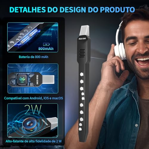 34CM, 800mAh, Instrumento de Sopro Eletrônico, Instrumento de Sopro Digital com 12 Tons E Conectividade MIDI, Mini Instrumento se Saxofone, Flauta Doce, Flauta, para IOS, para Android, para Windows