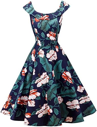LaceLady BoatNeck Vintage Sleeveless Tea Dress with Belt Pleated Swing Party Floral23 S