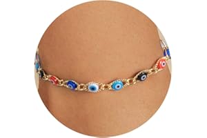 BSGRL Ankle Bracelets for Women-14k Gold Plated Evil Eyes Heart Cuban Link Layered Anklet Bracelet for Women 8.2+2 Inch