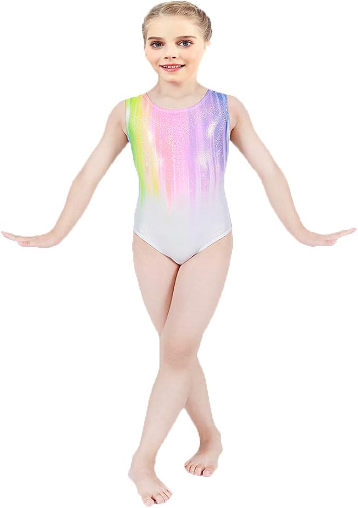 Gymnastics Leotards for Little Girls One-piece Sparkle Colorful Rainbow Dancing Athletic Leotards 3-15Years: Clothing