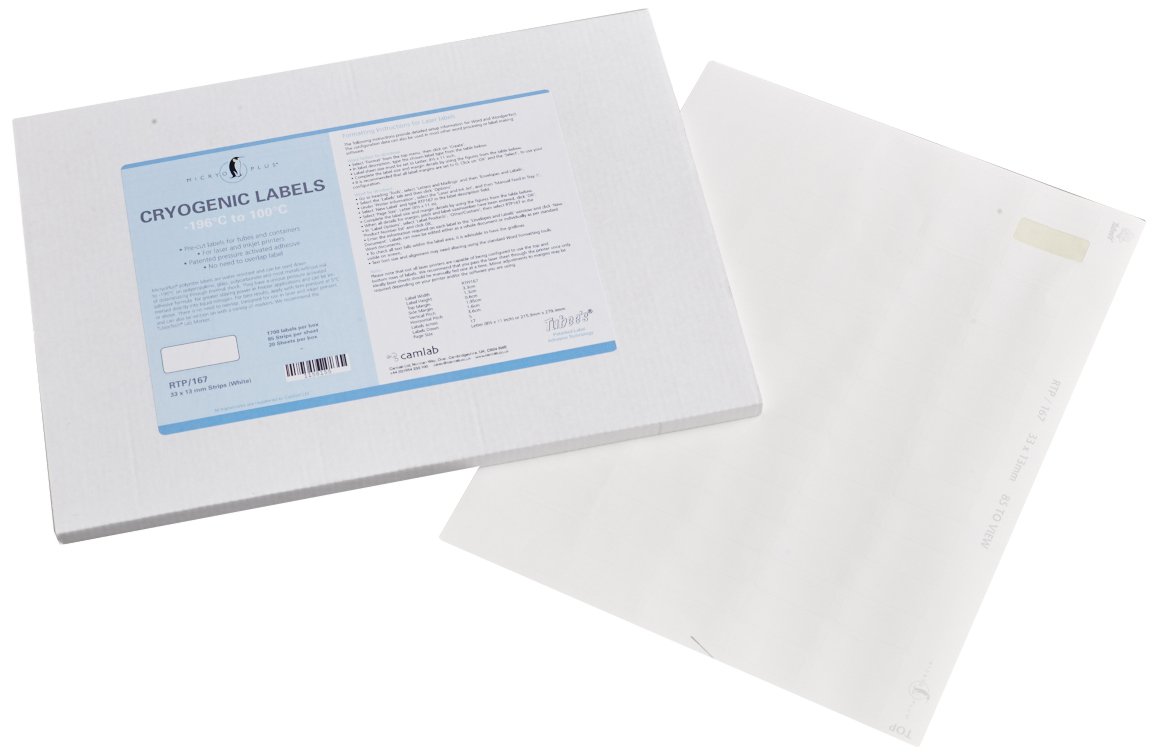 Camlab Plastics RTP/167 Tubee's Dots, 33 mm x 13 mm, 20 Sheets of 85 Labels, Cryogenic White (Pack of 1700)