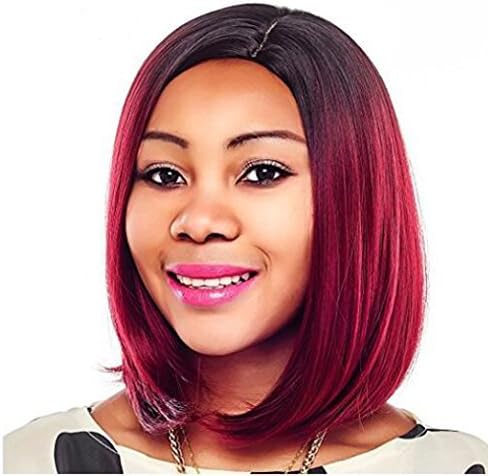 14" Short Straight Bob Wig Black to Burgundy Ombre Bob Wig Middle Part Bob Wigs for Black Women (1b/burgundy)